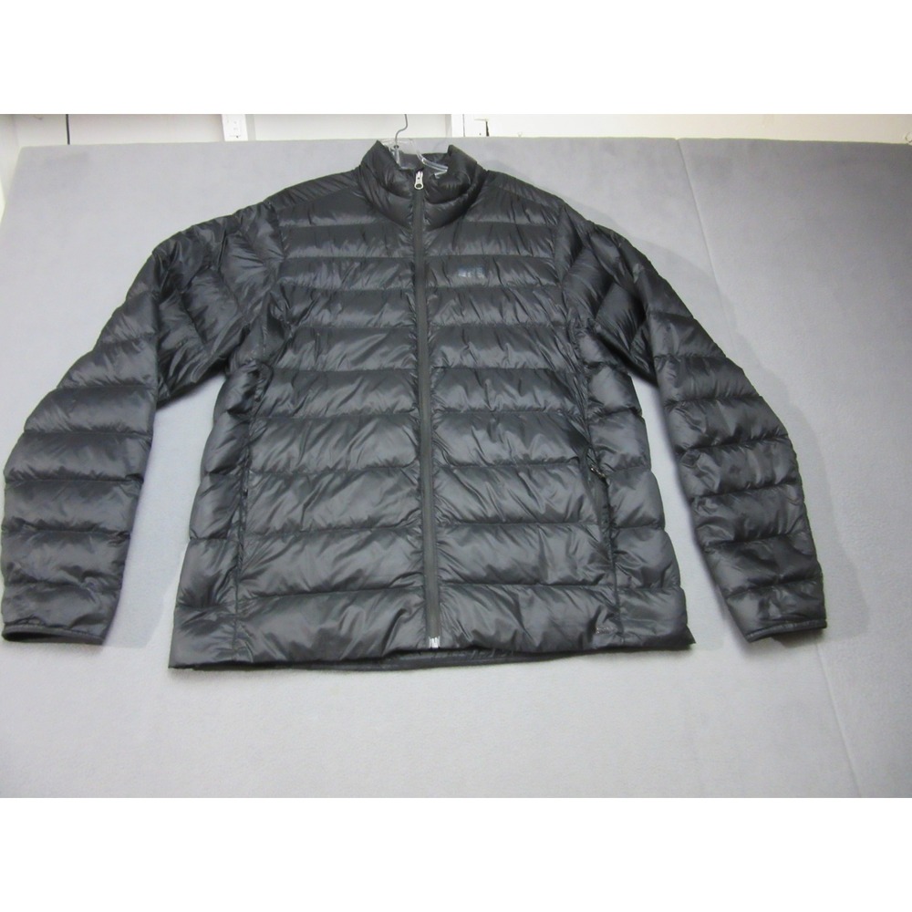REI Down Jacket Mens Large Black Puffer 650 Fill Full Zip Quilted Outdoor Casual